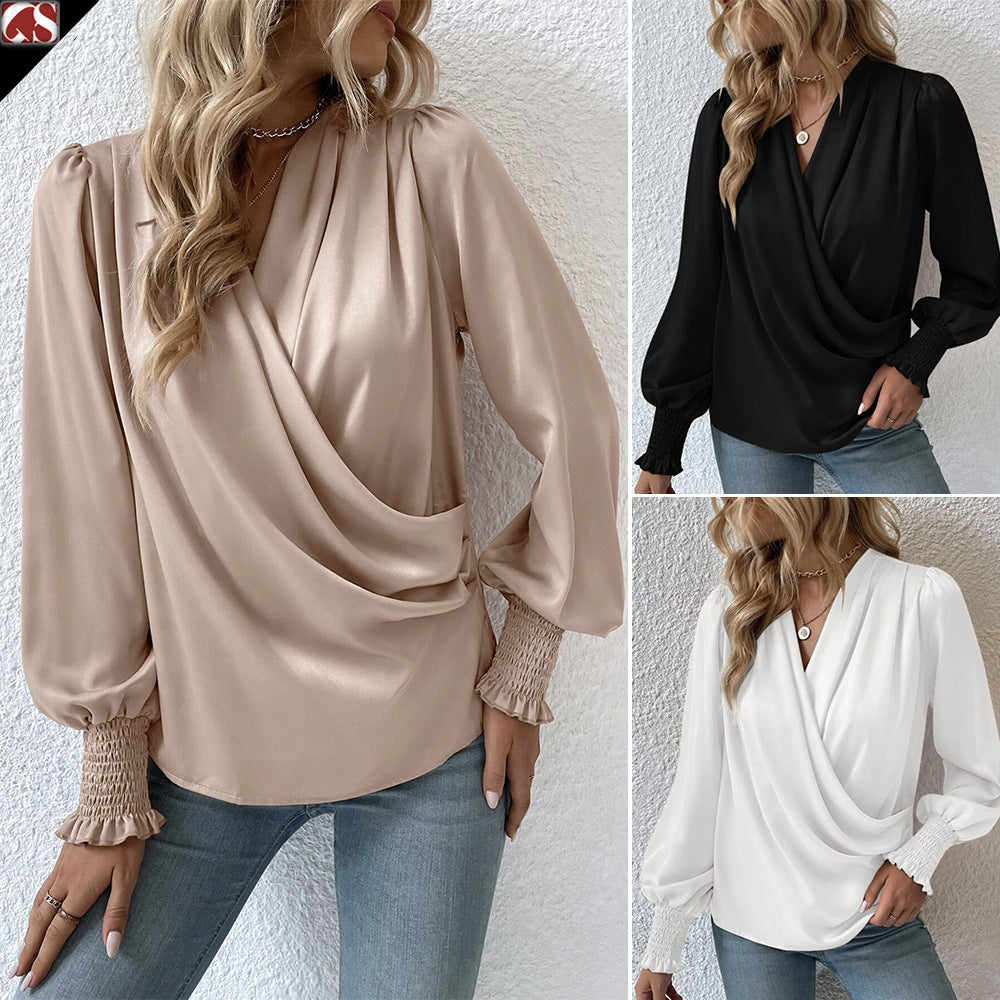 business casual outfits for women Women's Elegant Women's V-neck Lantern Sleeve Elegant Commuter Women's Solid Color Shirt