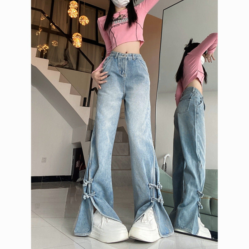 2000s fashion Retro High Waist Split Jeans for Women Spring and Autumn Trendy Ins New Slimming Wide Leg Pants