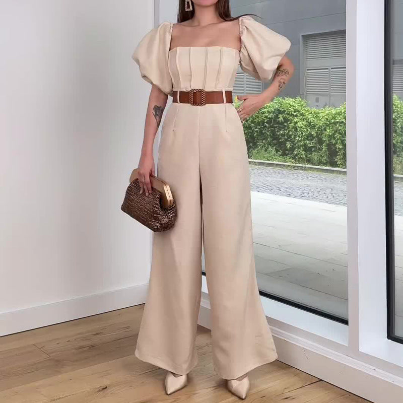 2024 fall fashion trends New Summer off-Shoulder Bubble Sleeve High Waist Belt Slim Temperament Jumpsuit