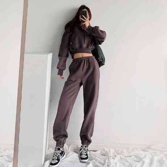 business casual outfits for women Spring 2024 Street Hooded Short Pocket Spring and Autumn Sweater High Waist Loose Ankle-Tied Sweatpants Suit