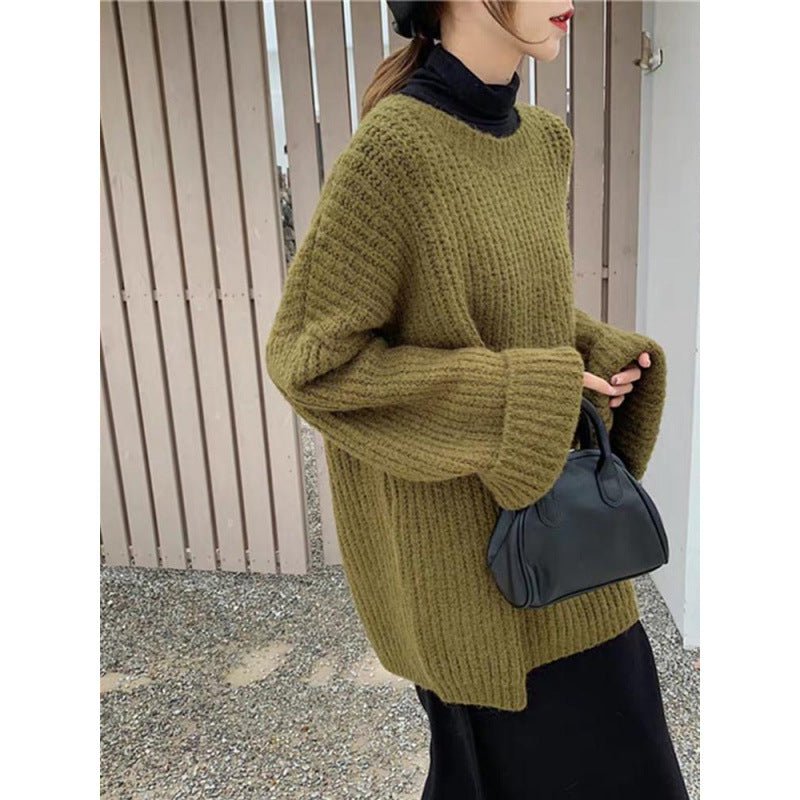 dress to impress outfits Retro Hong Kong Style Pullover Thick Line Sweater Women's Mid-Length Solid Color Loose Lazy Style Knitted Top Coat Fashion