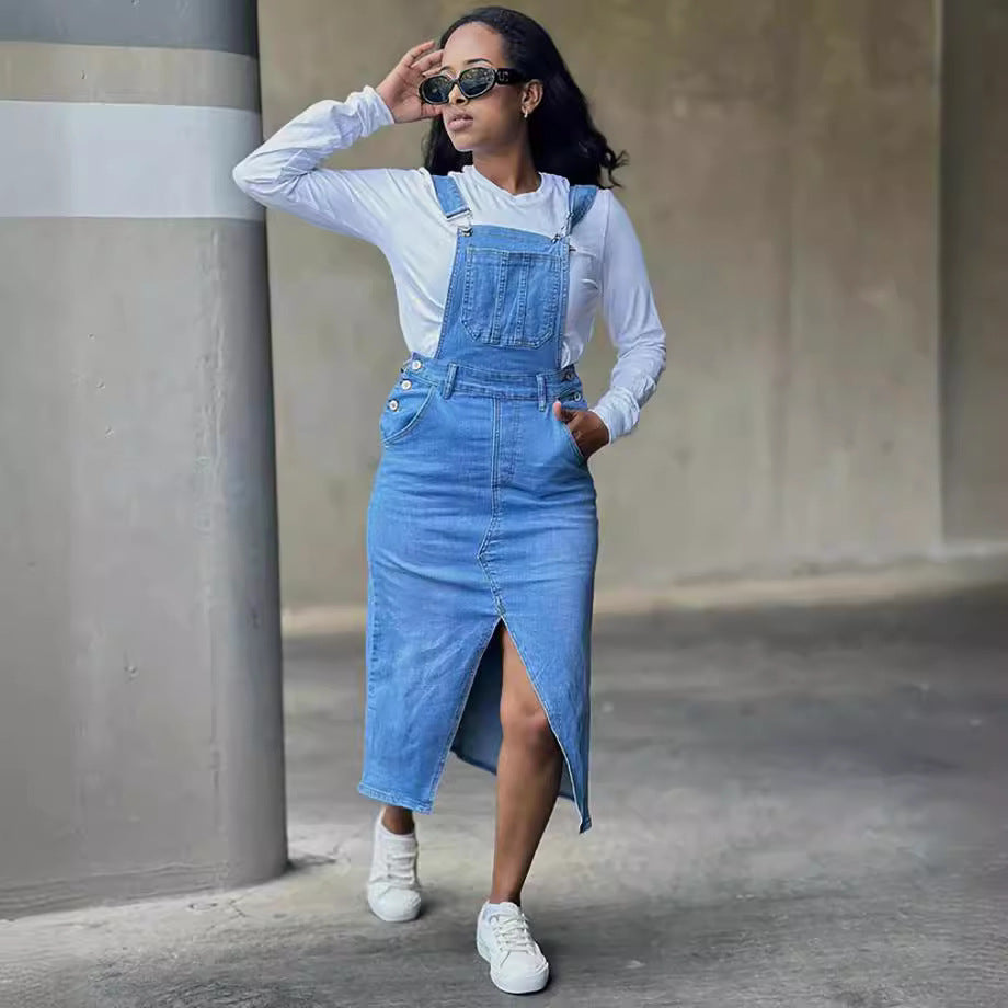 pumpkin patch outfit Women's Straight Suspender Skirt Women's Street Fashion Large Pocket Slit Denim Skirt