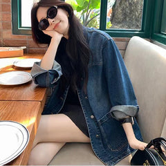 clothes Retro Denim Coat for Women 2024 Autumn and Winter Simple Casual Loose Lapel Profile Stacked Top