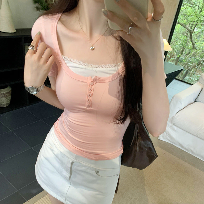 dream clothes Fake Two-Piece Small Lace Button Shoulder Short-Sleeved T-shirt Women's Summer Slim-Fit Sweet and Spicy Top