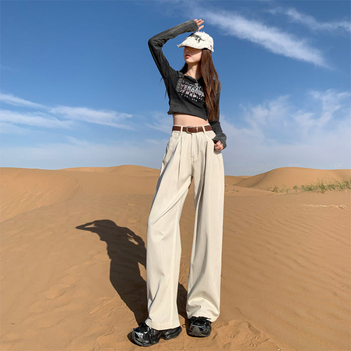 business casual outfits for women Women's Wide-Leg Jeans 2024 Autumn New High Waist Loose Slimming Pleated Straight Mop Pants