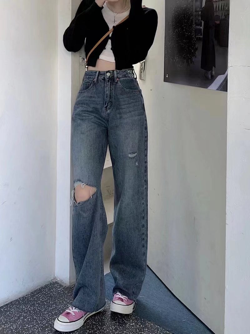 outfit inspo Light Blue Women's Wide-Leg Jeans Summer New Fashion High Waist Loose Micro-Pull Mop Pants Ins