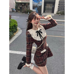 fall outfits women aesthetic French Retro Niche Contrast Color Lace Plaid Dress Women's Spring New Slim Slimming Small Jumpsuit