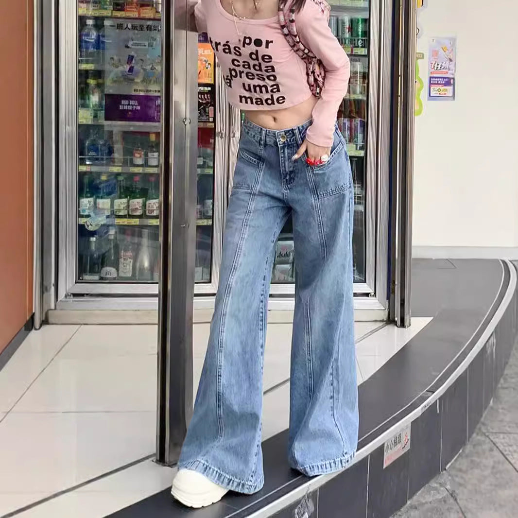 outfit ideas for school Spring and Autumn 2024 New American High Waist Wide Leg Versatile Jeans Women's Loose Slimming Split Pants Fashion