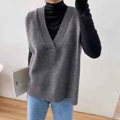 black skirt outfit fall Korean Style V-neck Vest Vest Women's Autumn and Winter Sleeveless Mid-Length Loose Knitted Sweater Top