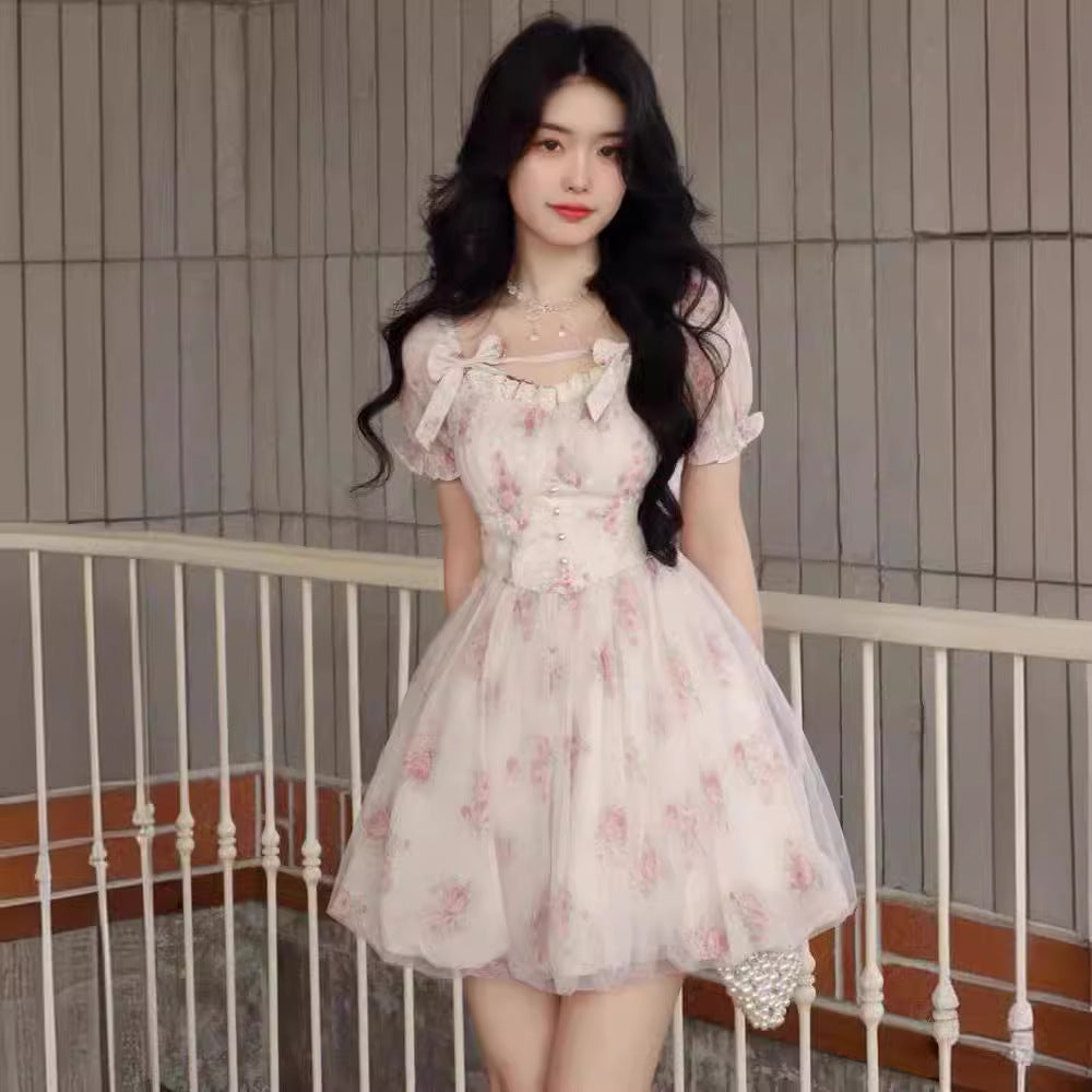 outfit inspo Pink Floral Dress Women's Summer 2024 New Elegant Socialite Sweet Waist Princess Style Fluffy Short Skirt