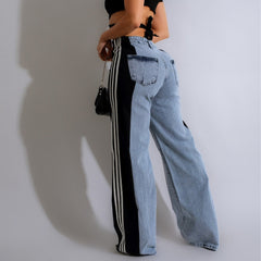 2000s fashion 2024 Summer Fashion Stitching Three Striped Wide Leg Denim Trousers Women's New Casual High Waist Stretch Straight Pants