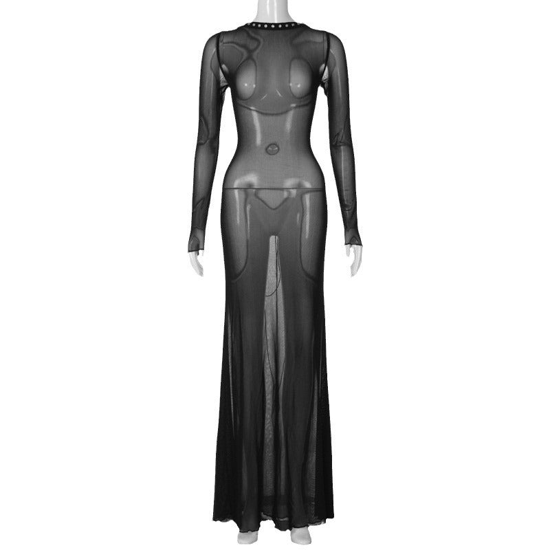 cybergoth dress to impress Fashionable New Spring Women's Sexy Mesh Backless Lace-up Long Sleeve Super Long Dress Women