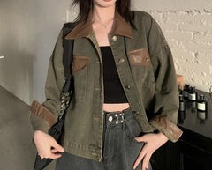 =fall outfits women aesthetic American Retro Trendy Sweet Cool Stitching Workwear Denim Coat Women's Autumn Korean Style Loose Casual All-Matching Jacket Fashion