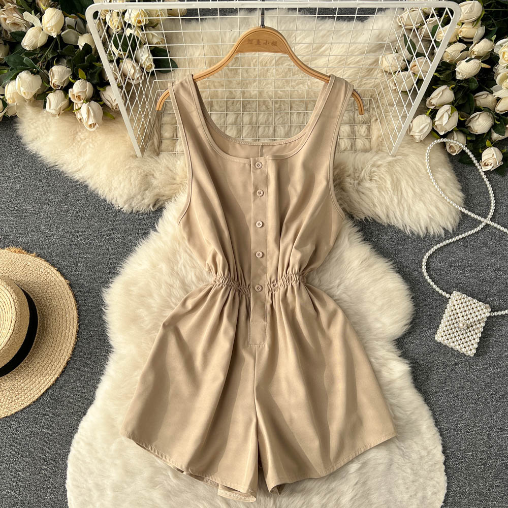 going out outfits Summer New Ins Seaside Holiday Style Solid Color Wide-Leg One-Piece Shorts Women's Single-Breasted U-Neck Suspender Jumpsuit Pants