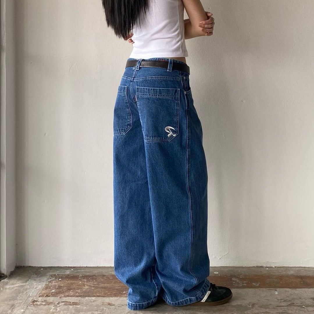 date night outfit American Street Retro Pocket Embroidered Hot Girl All-Match Loose Slimming Wide Leg High Street Casual Denim Long Pants Fashion