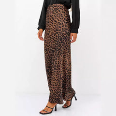 outfit ideas Satin Skirt Sexy Leopard Print Maxi Skirt High Waist Elastic Silky Maxi Skirt