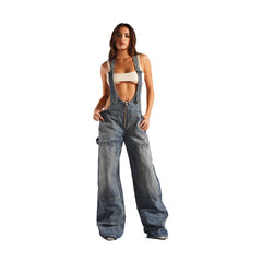 =summer outfits inspo Street Style Low Waist Suspender One-Piece Wide Leg Jeans Summer New Personalized Hot Girl Distressed Straight Trousers