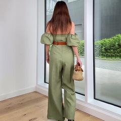 2024 fall fashion trends New Summer off-Shoulder Bubble Sleeve High Waist Belt Slim Temperament Jumpsuit