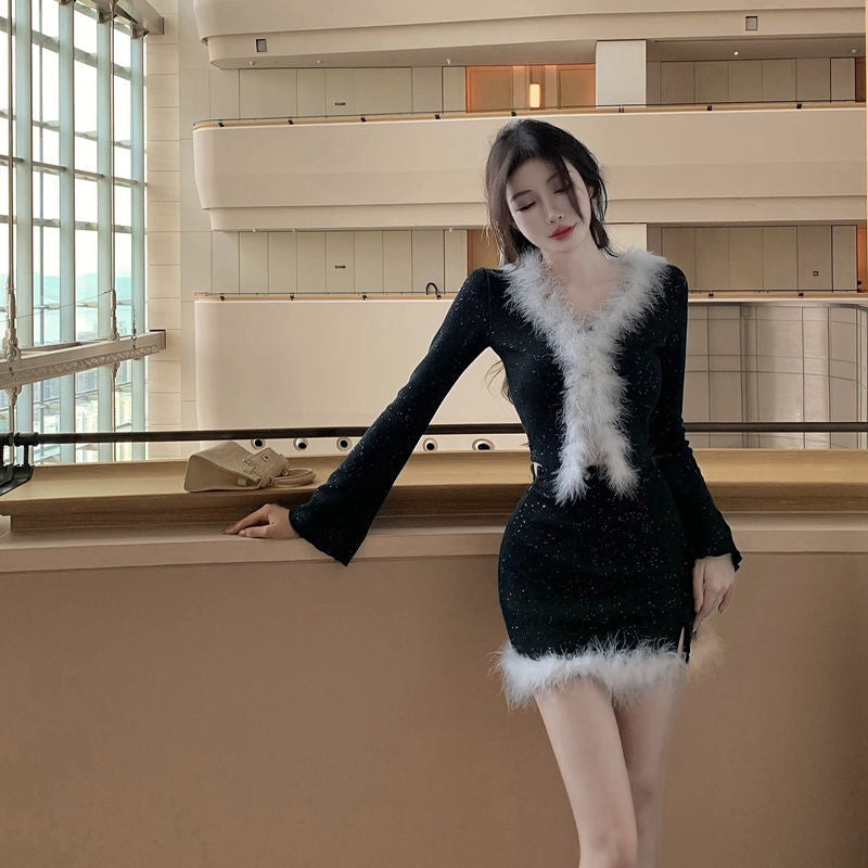 dress to impress outfits Socialite Elegant Feather Shiny Suit 2024 Spring and Summer Stitching Knitted V-neck Top + High Waist Skirt Two-Piece Set