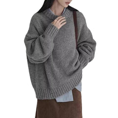 dress to impress outfits Japanese Style Retro Gray Sweater Women's Winter round Neck Loose Lazy Wind Outer Wear Inner Bottoming Sweater Thick Top