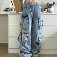 barn jacket outfits American Street Workwear Wide-Leg Jeans Men's and Women's Multi-Pocket High Waist Loose Drop-down Mop Pants