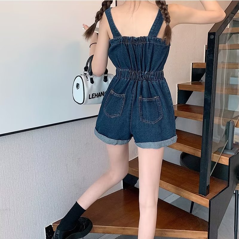 going out outfits 2024 Summer New Workwear Suspender Jeans Women's Small Tight Waist Fashion Wide Leg Curling One-Piece Shorts