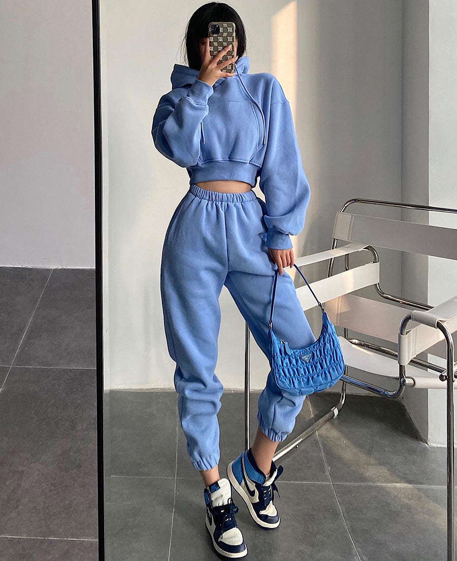 business casual outfits for women Spring 2024 Street Hooded Short Pocket Spring and Autumn Sweater High Waist Loose Ankle-Tied Sweatpants Suit