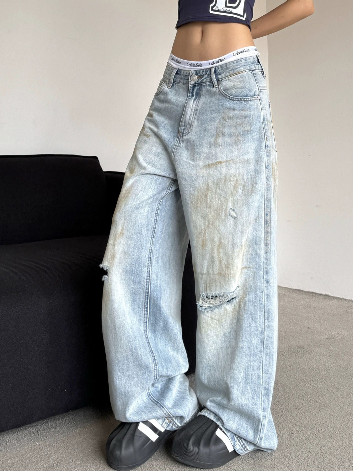 2024 fall fashion trends American plus Size Washed Distressed Dirty Ripped Jeans Women's High Street Straight Loose Wide Leg Drop Pants