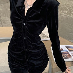 y2k outfits Black Gold Velvet Shirt for Women Autumn and Winter 2024 Fashionable Fashionable French Long Sleeve Slim Top