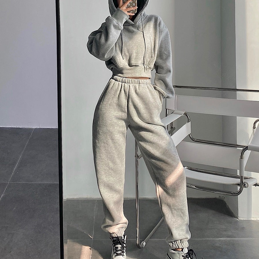 business casual outfits for women Spring 2024 Street Hooded Short Pocket Spring and Autumn Sweater High Waist Loose Ankle-Tied Sweatpants Suit