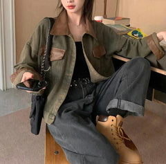 =fall outfits women aesthetic American Retro Trendy Sweet Cool Stitching Workwear Denim Coat Women's Autumn Korean Style Loose Casual All-Matching Jacket Fashion