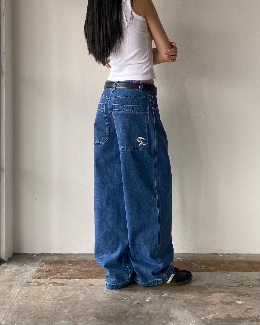 date night outfit American Street Retro Pocket Embroidered Hot Girl All-Match Loose Slimming Wide Leg High Street Casual Denim Long Pants Fashion