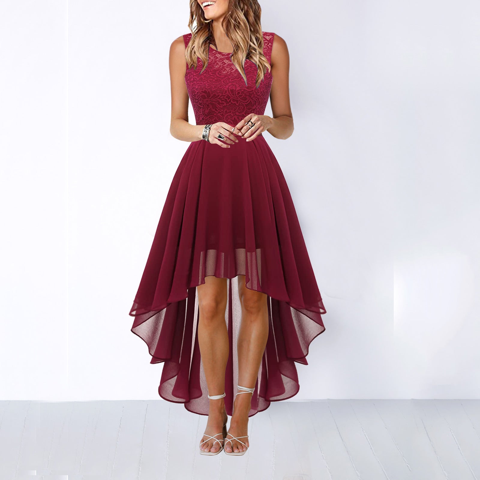 homecoming dresses Spring and Summer New Hollow Waist Chiffon Dress Dinner Lace Dress