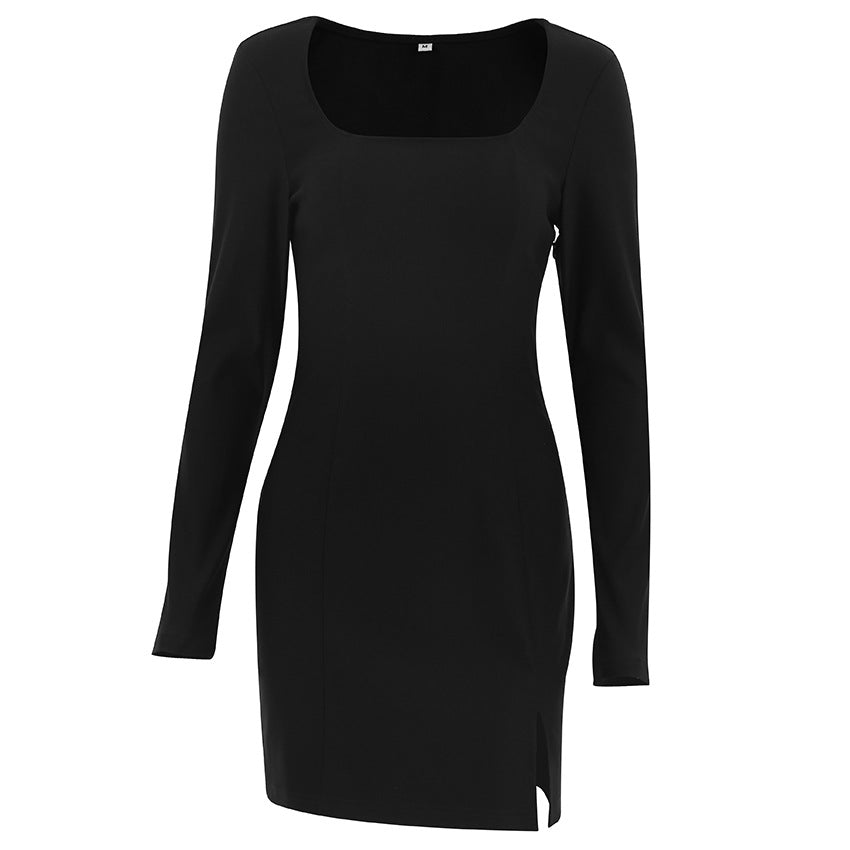 going out outfits French Style Elegant Retro Small Black Dress Elegant Square Collar Bottoming Long Sleeve Dress Women's Autumn Tight Waist Hip Skirt