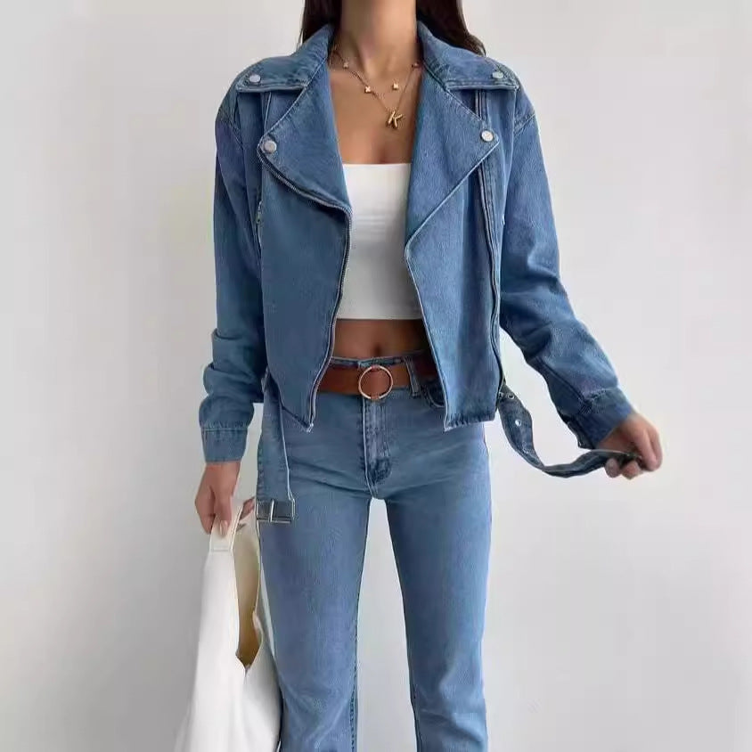 picture day outfit Spring and Autumn New Women's Clothing Ins Hot Lapel Zipper Motorcycle Denim Jacket Coat