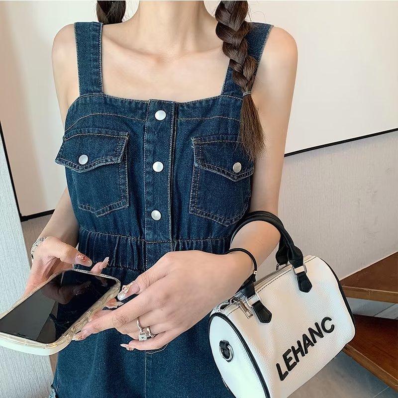 going out outfits 2024 Summer New Workwear Suspender Jeans Women's Small Tight Waist Fashion Wide Leg Curling One-Piece Shorts