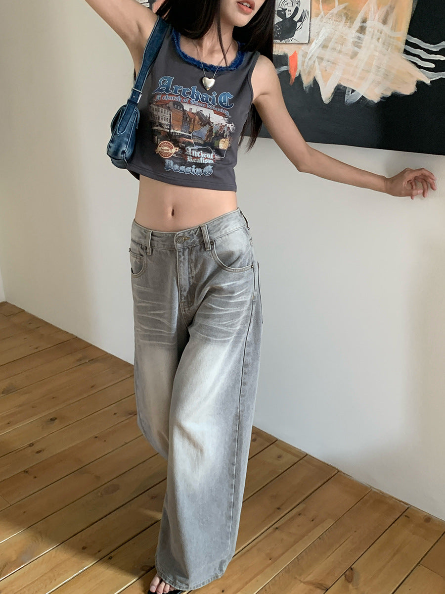 going out outfits Retro Trendy Casual Washed Old Loose Draping Straight Slimming Cat Beard Denim Wide Leg Pants