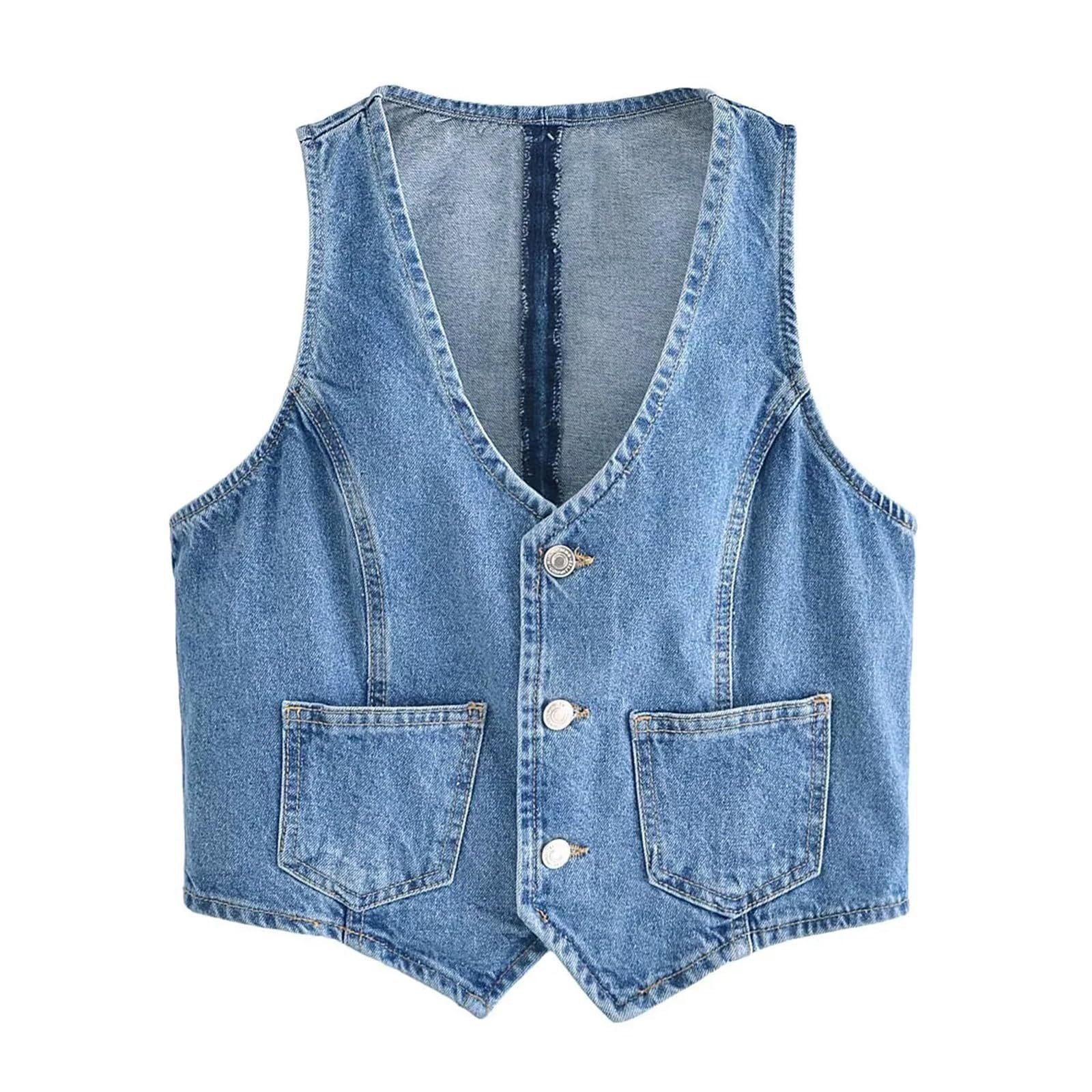 barn jacket outfits American Retro Hot Girl V-neck Breasted Denim Sleeveless Vest Slim-Fit Pocket Short Vest