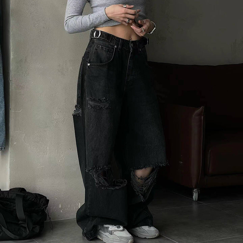 concert outfit ideas Retro Distressed Straight Loose Casual Ripped Jeans 2024 Spring New Street Fashion All-Matching Trousers for Women