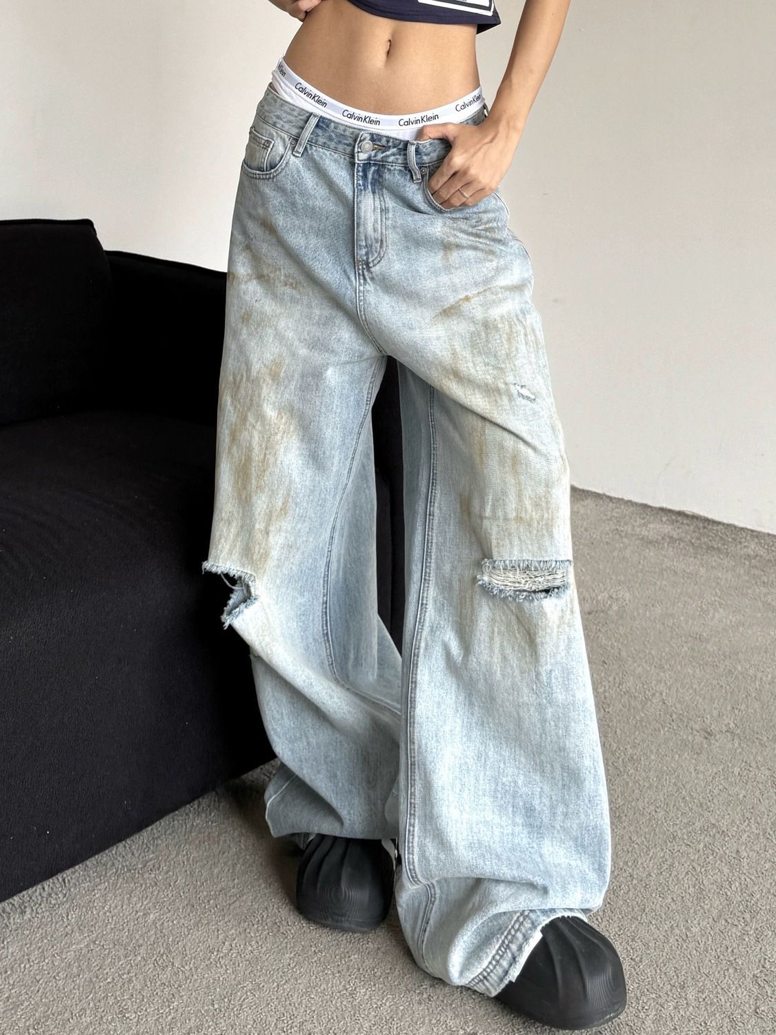 2024 fall fashion trends American plus Size Washed Distressed Dirty Ripped Jeans Women's High Street Straight Loose Wide Leg Drop Pants