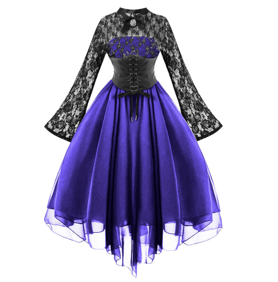 group halloween costumes New Women's Gothic Style Sexy Dress Lace Stitching Long Sleeve Bell Sleeve Chiffon Dress Court Dress