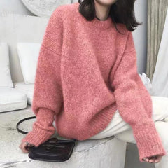 datenight fall outfits Korean Style Large Lazy Style round Neck Pullover Women's Autumn and Winter Solid Color Loose Bottoming Sweater Women