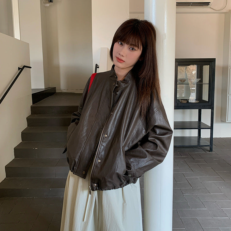 fall outfits 2024 Korean Style Elegant Simple Leather Jacket Women's Short Long-Sleeved Top Outer Wear 