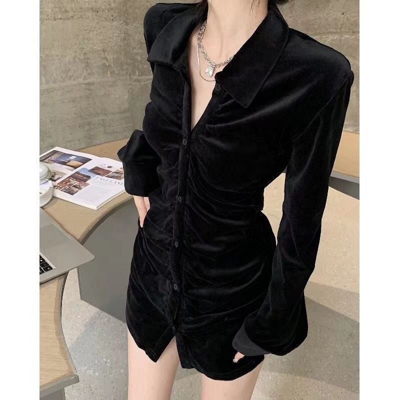 y2k outfits Black Gold Velvet Shirt for Women Autumn and Winter 2024 Fashionable Fashionable French Long Sleeve Slim Top