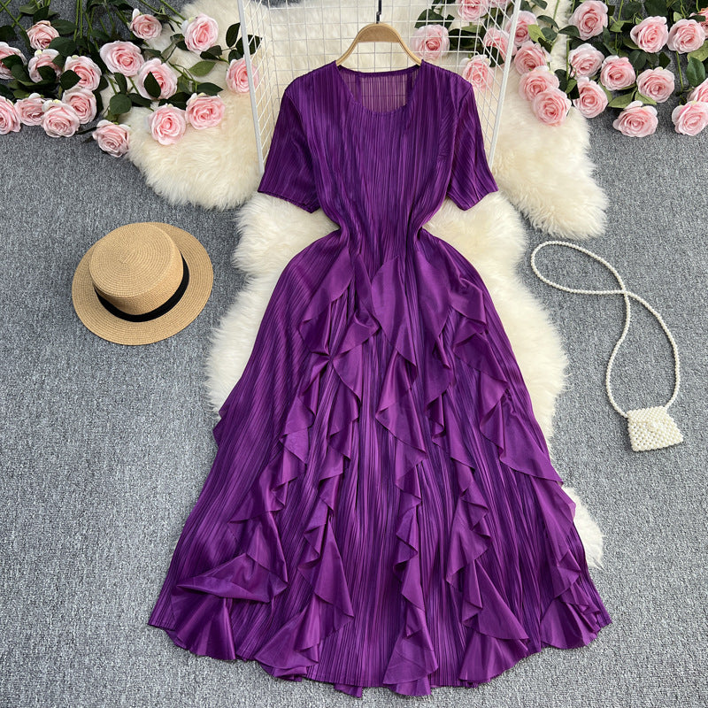 church outfit round Neck Short Sleeve Pleated Ruffled Dress Women's High Waist Slimming Elegant Casual Holiday Dress