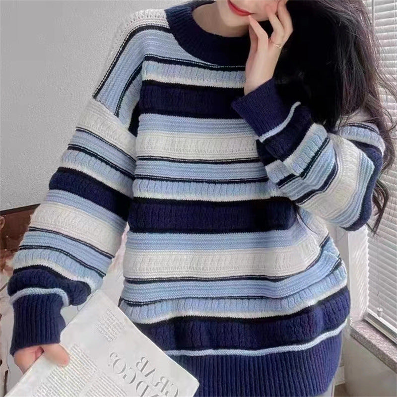 panther halloween costume Gentle Style Soft Glutinous Striped Jacquard Pullover Women's 24 Autumn and Winter Retro Loose Sweater Lazy Style Top