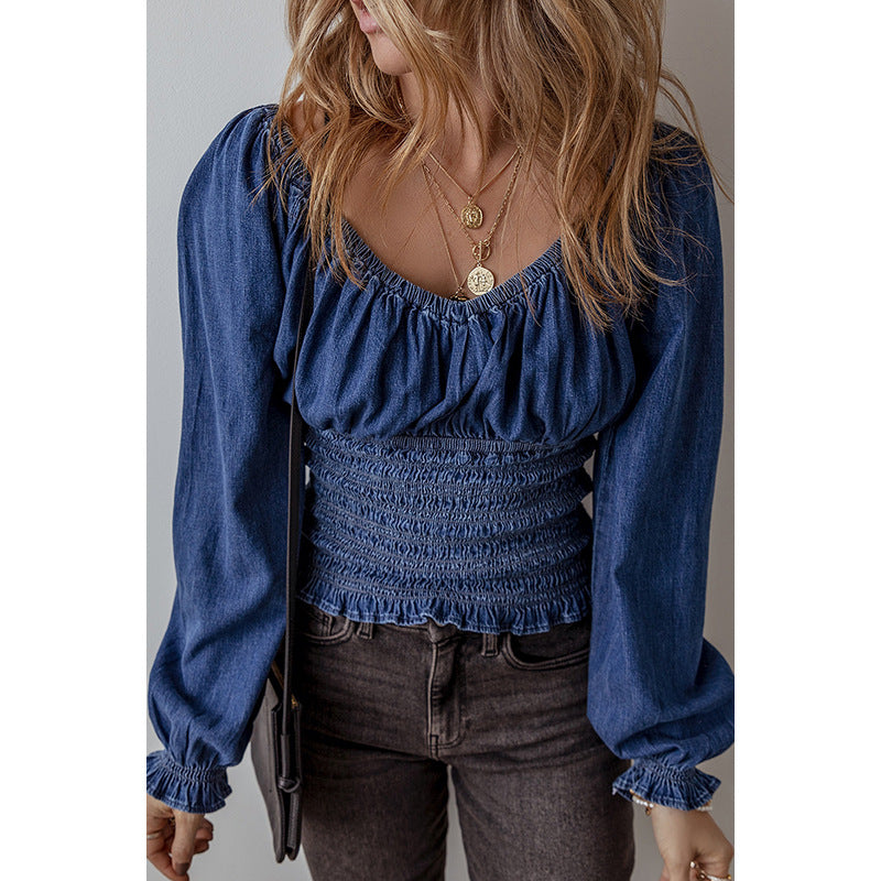 teacher outfits Fall 2024 Retro Trendy V-neck Denim Pullover Women's Fashionable Pleated Ruffled Long Sleeve Top Women