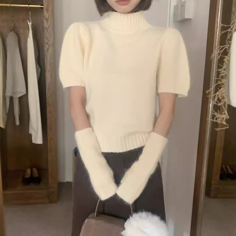 fall brunch outfit Korean Style Gentle Sweet Soft Glutinous Rabbit Fur Knitted Blended Half Turtleneck Puff Sleeve with Oversleeves Chic Sweater