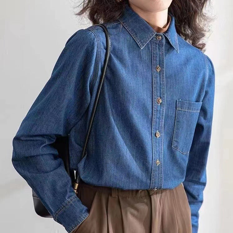 fashion outfits Denim Long-Sleeved Shirt Jacket Spring and Autumn Loose New Retro Top Design Sense Niche Shirt