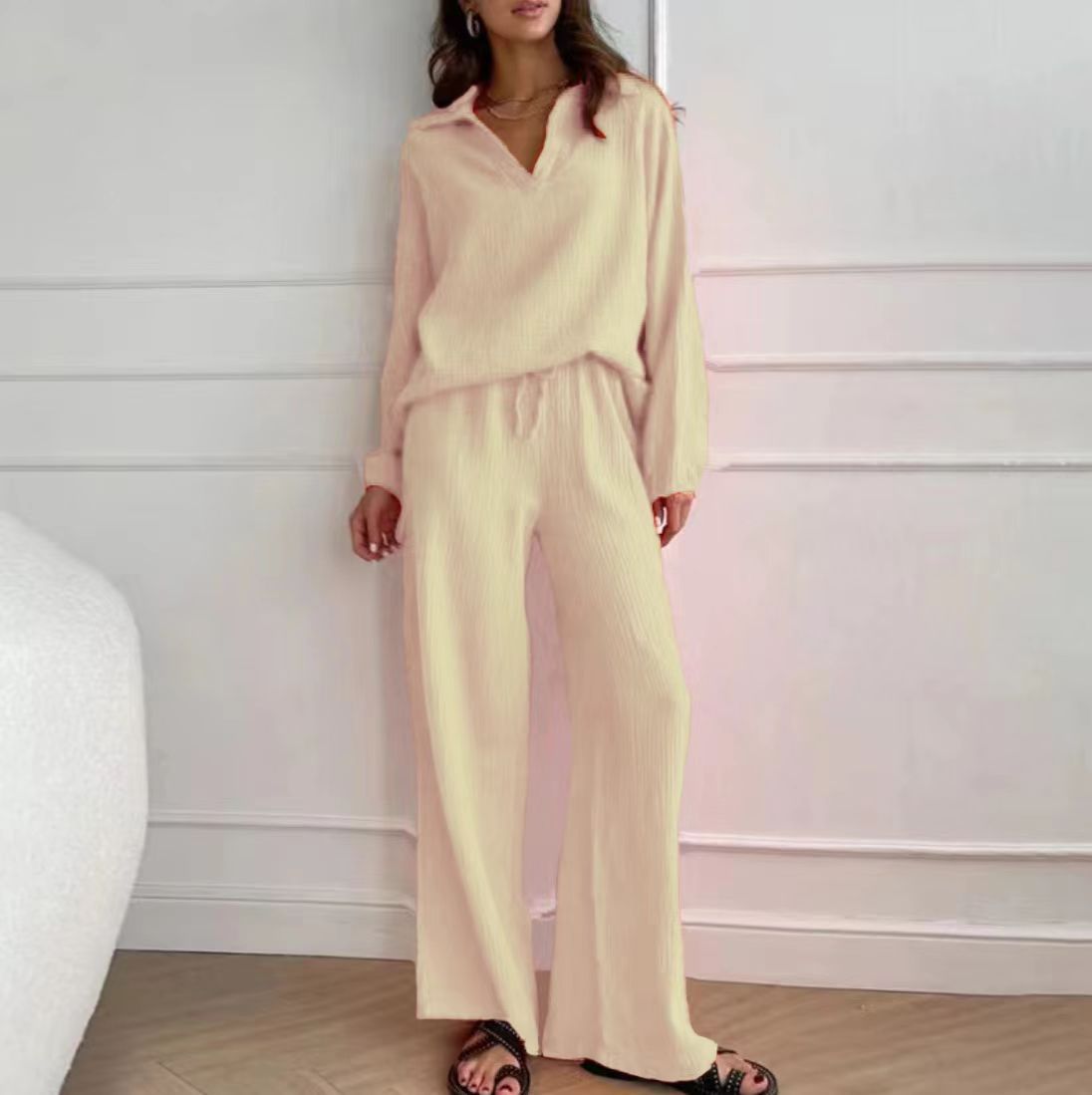 fashion outfits Elegant Ladies Casual Loose Suit Women's Long-Sleeved Top + Drawstring Trousers Suit Spring and Autumn Turn-down Collar Two-Piece Set